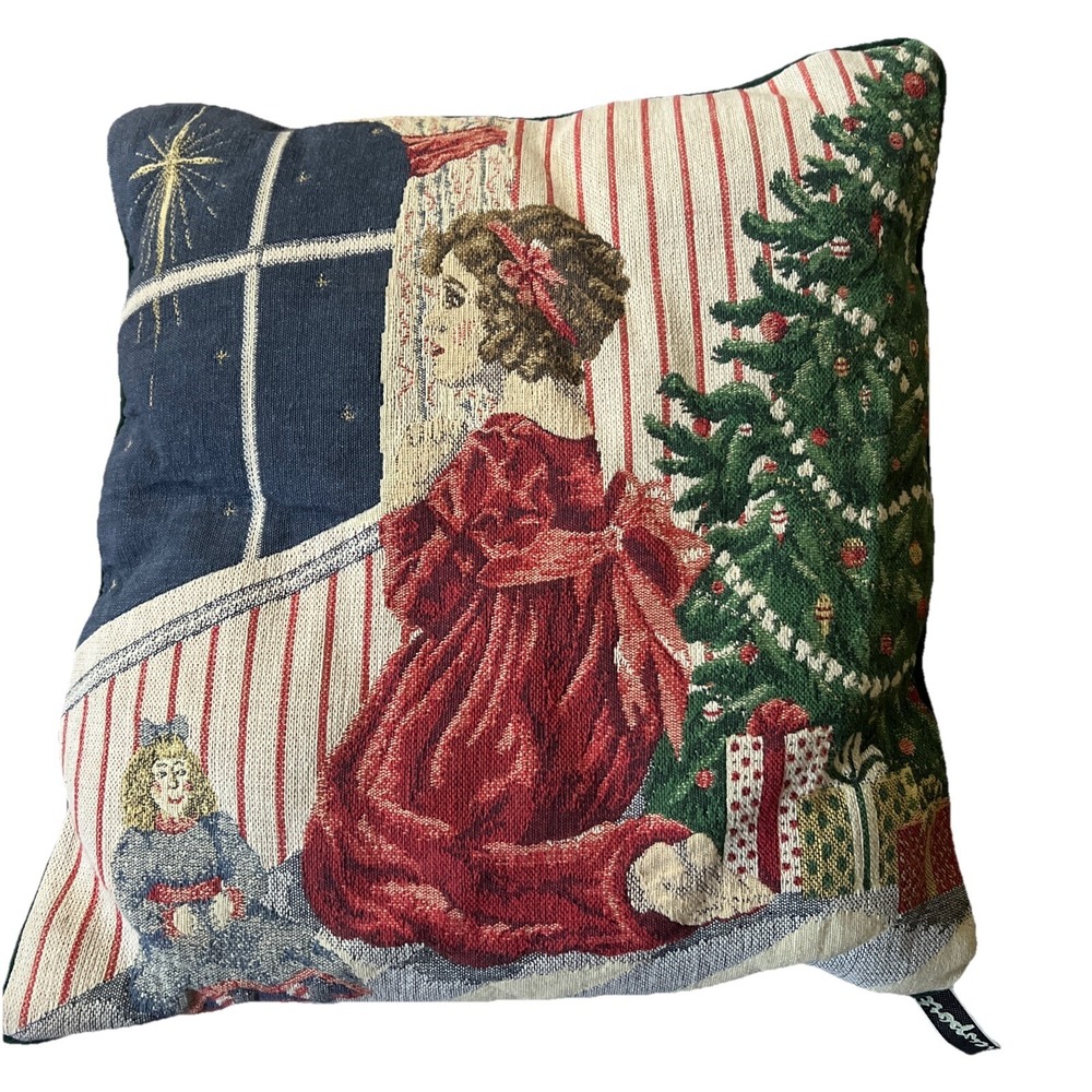 Newport Tapestry Throw Pillow Victorian Girl Praying Christmas Tree Star 15X15